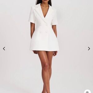 Madelina White Double Breast Satin Trim Blazer Dress